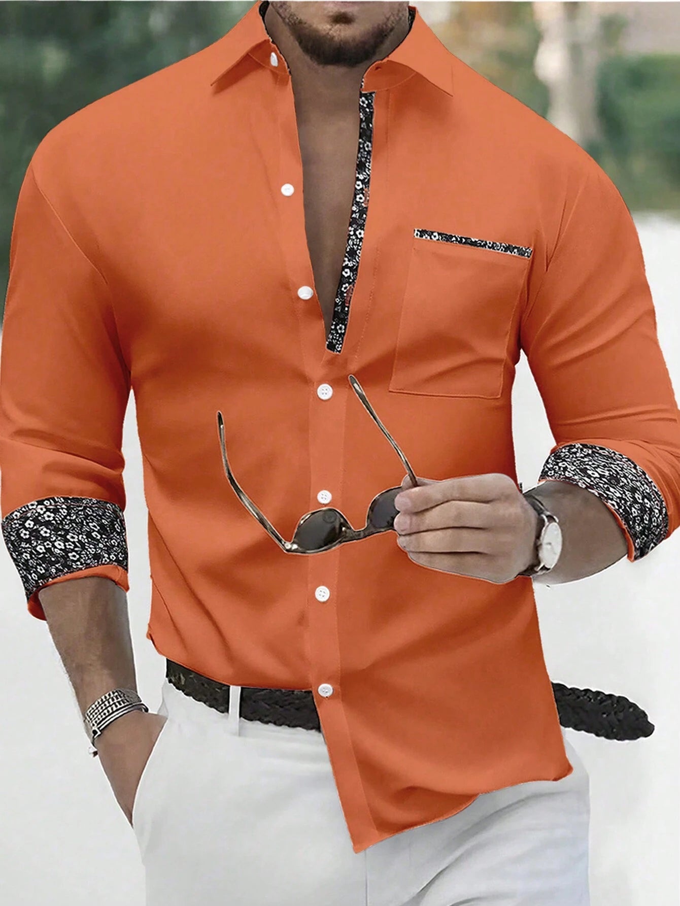 Stylish Orange Patchwork Long Sleeve Shirt for Men - Perfect for Casual Fashion