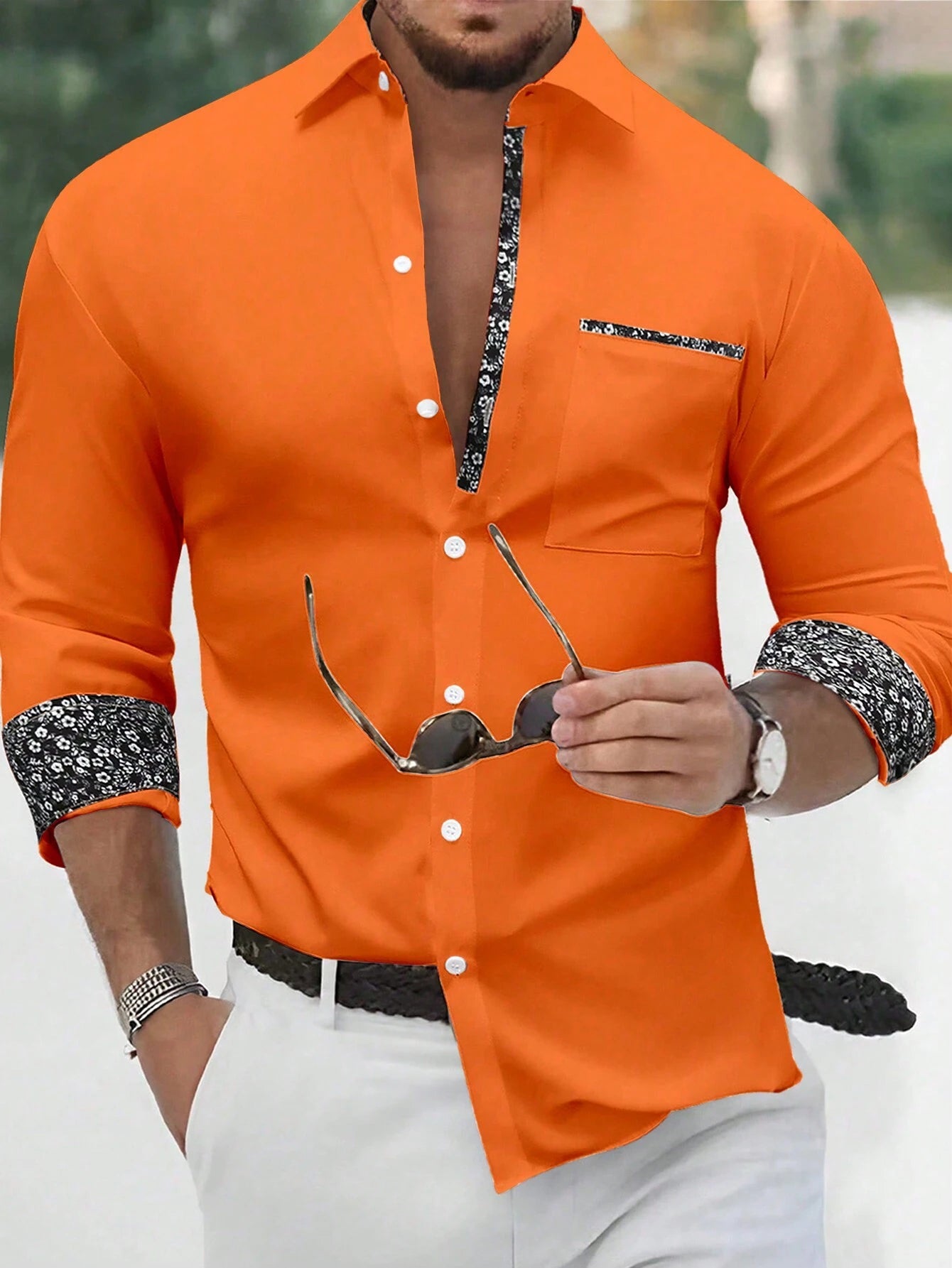 Stylish Orange Patchwork Long Sleeve Shirt for Men - Perfect for Casual Fashion