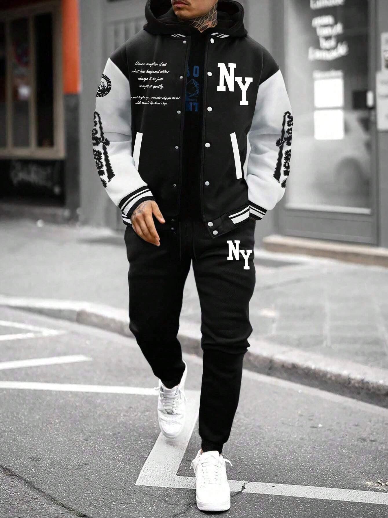 Stylish Manfinity Homme Men's Color Block Striped Baseball Jacket & Sports Pants Set