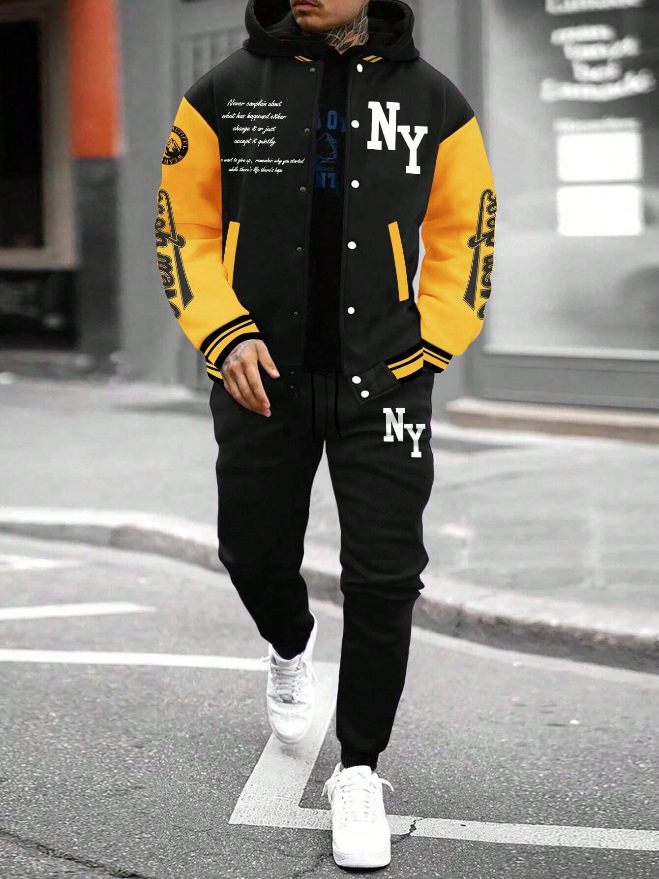 Stylish Manfinity Homme Men's Color Block Striped Baseball Jacket & Sports Pants Set