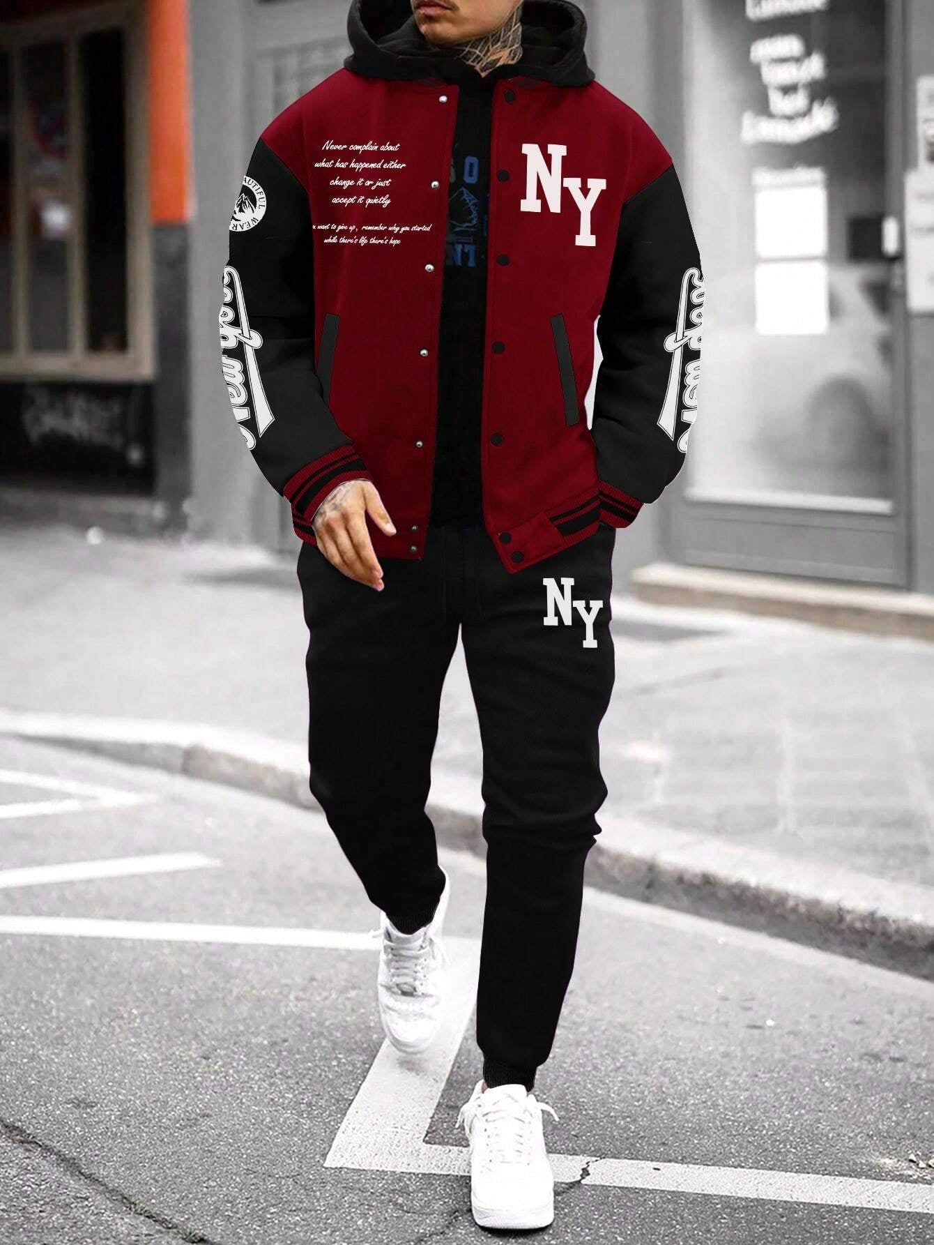 Stylish Manfinity Homme Men's Color Block Striped Baseball Jacket & Sports Pants Set