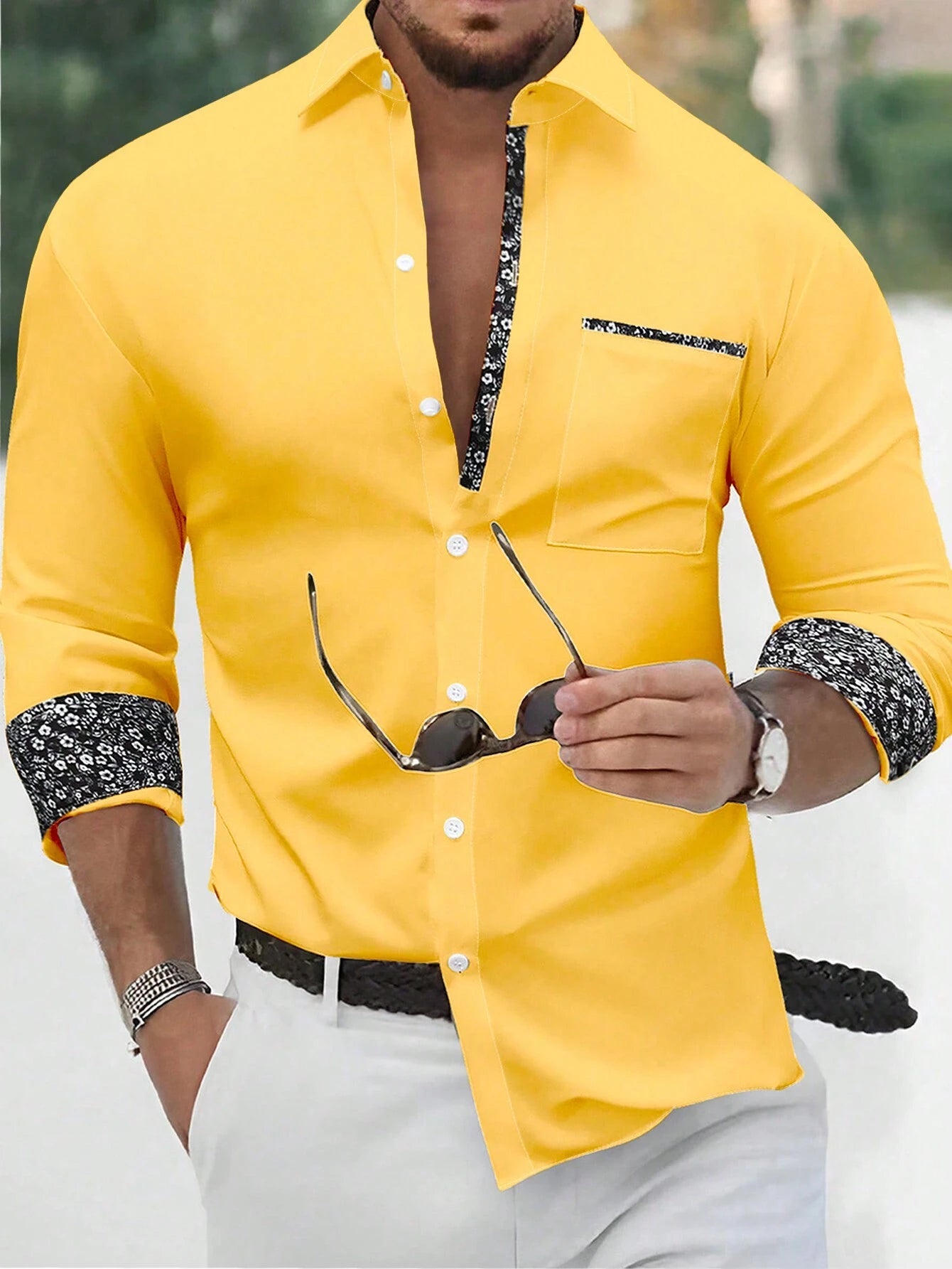 Stylish Orange Patchwork Long Sleeve Shirt for Men - Perfect for Casual Fashion