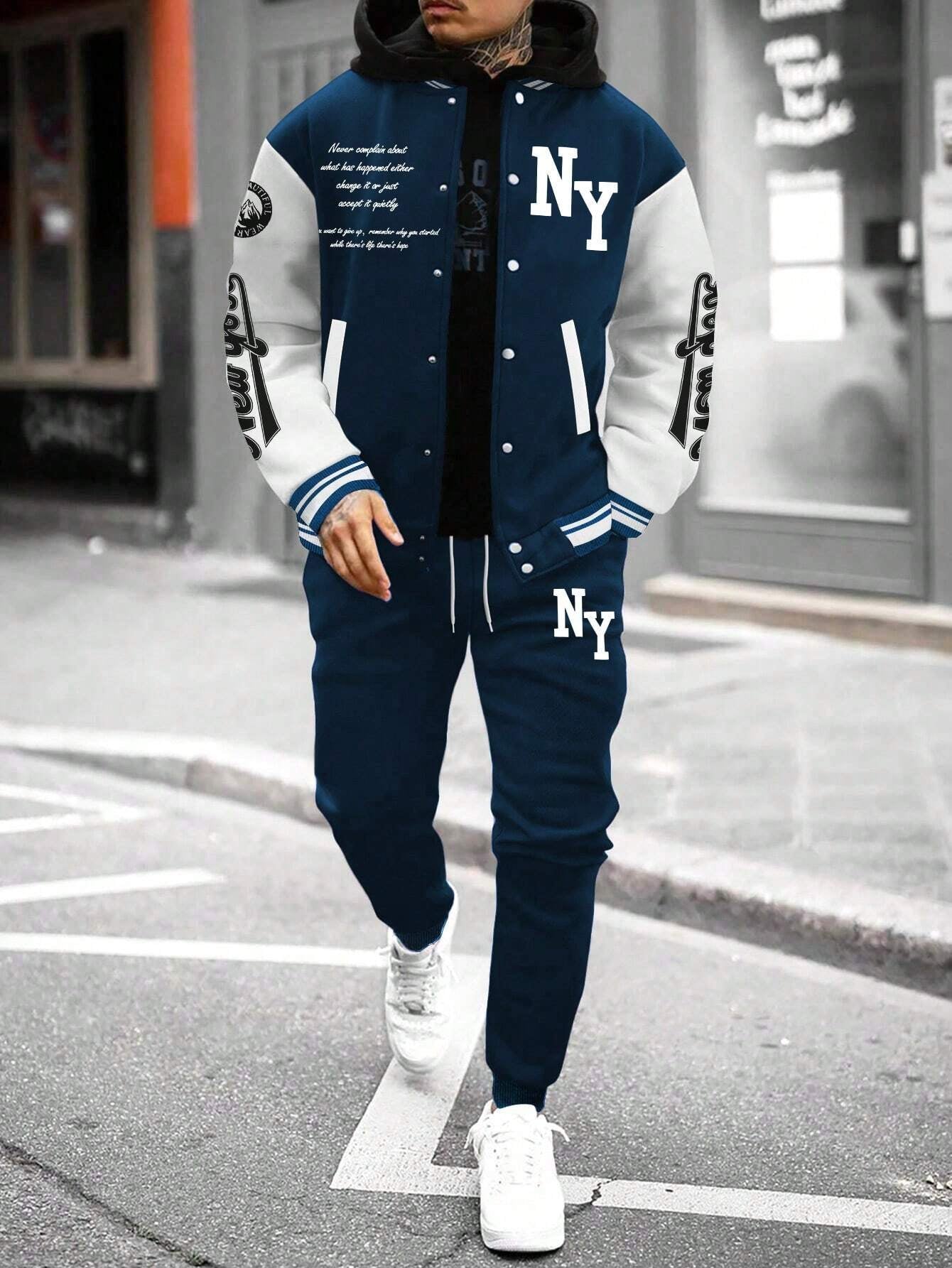 Stylish Manfinity Homme Men's Color Block Striped Baseball Jacket & Sports Pants Set