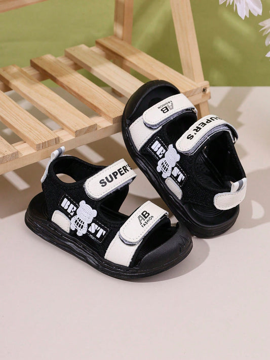 Kids' Summer Hook and Loop Beach Sandals for Ages 2-8, Black & White Genuine Leather, Soft Bottom Anti-Slip Design for Boys and Girls, Ideal for Indoor and Outdoor Activities