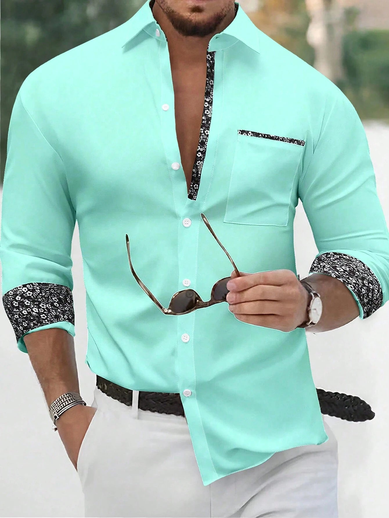 Stylish Orange Patchwork Long Sleeve Shirt for Men - Perfect for Casual Fashion