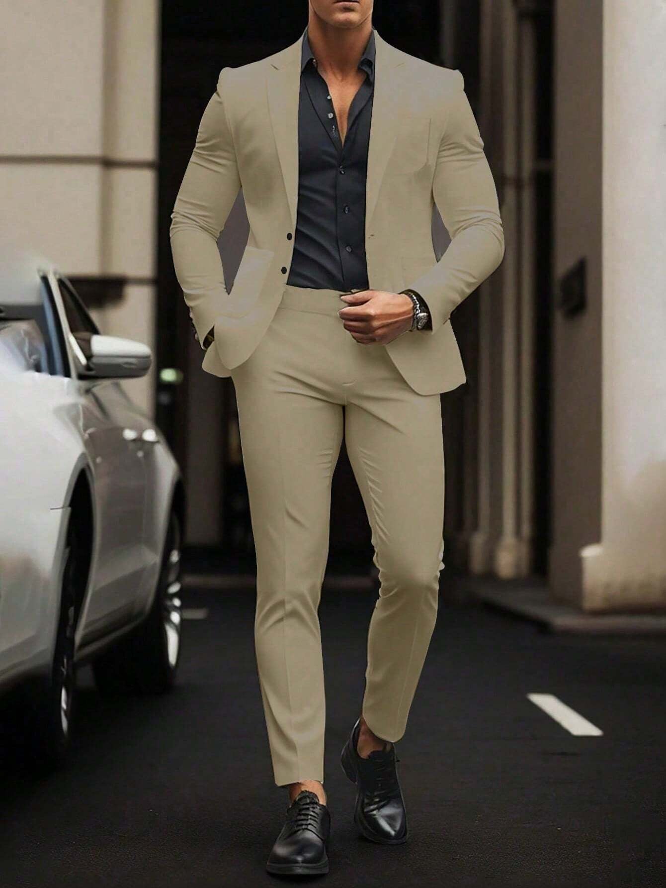 Stylish Manfinity Mode Men's Solid Color Suit Jacket and Pants Set