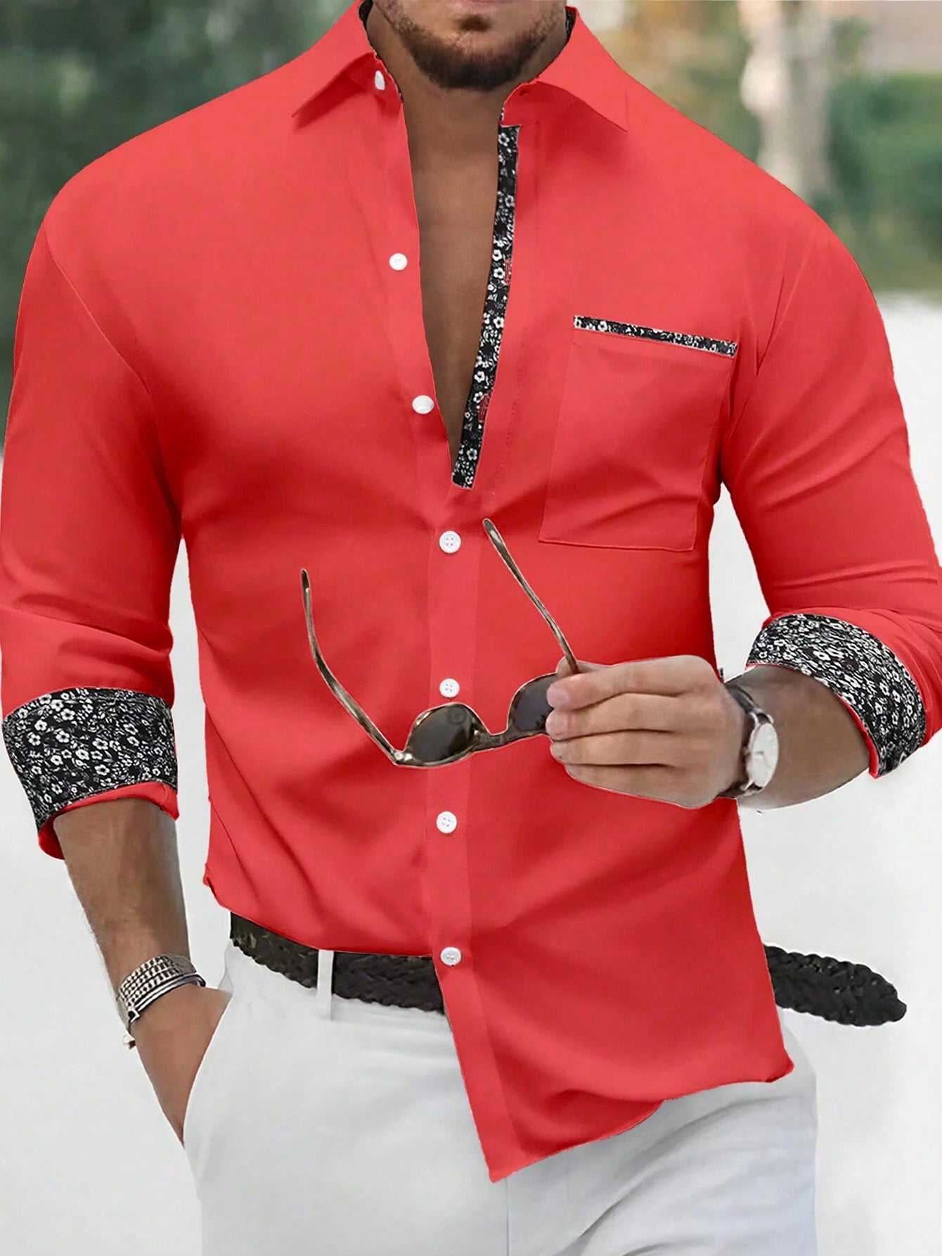 Stylish Orange Patchwork Long Sleeve Shirt for Men - Perfect for Casual Fashion