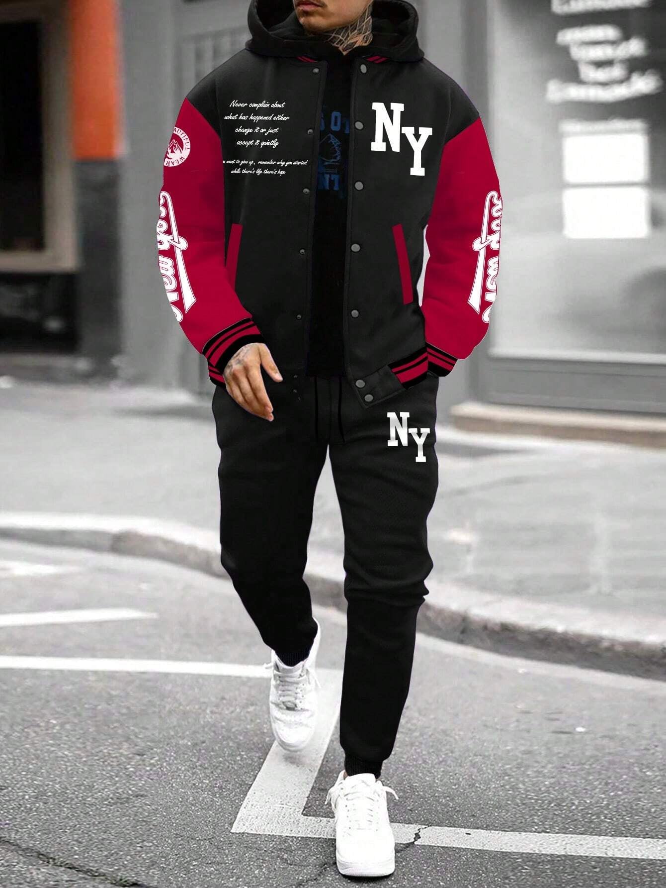 Stylish Manfinity Homme Men's Color Block Striped Baseball Jacket & Sports Pants Set