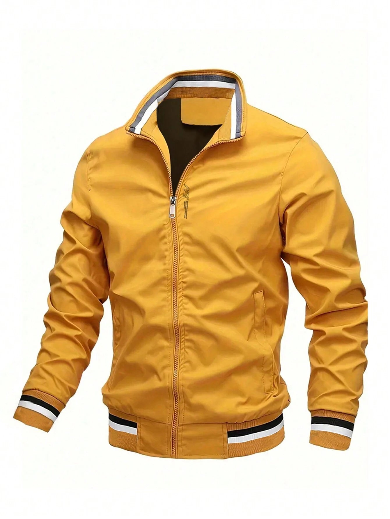 Stylish Men's Striped Trim Zip-Up Jacket with Letter Graphic