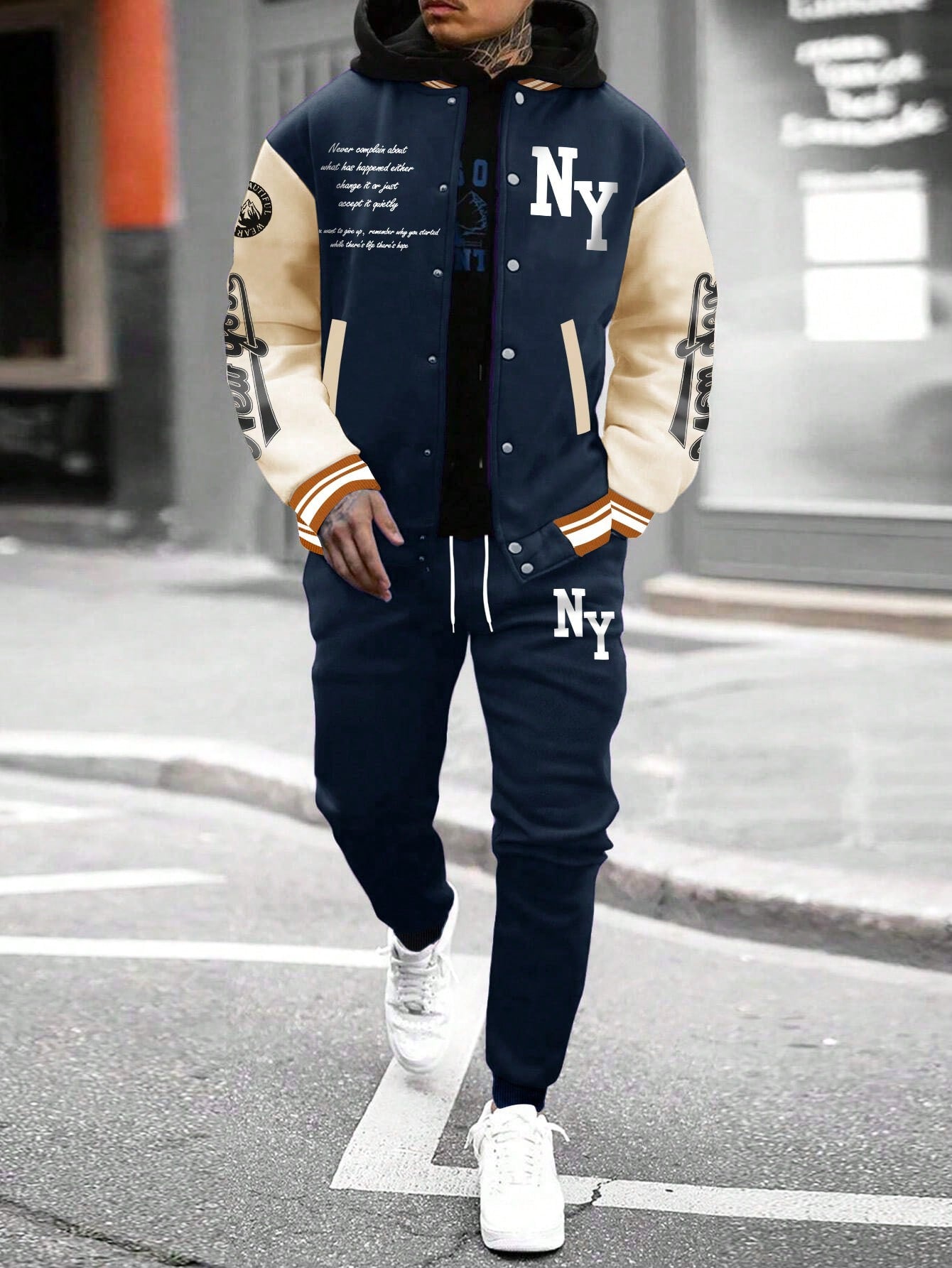 Stylish Manfinity Homme Men's Color Block Striped Baseball Jacket & Sports Pants Set