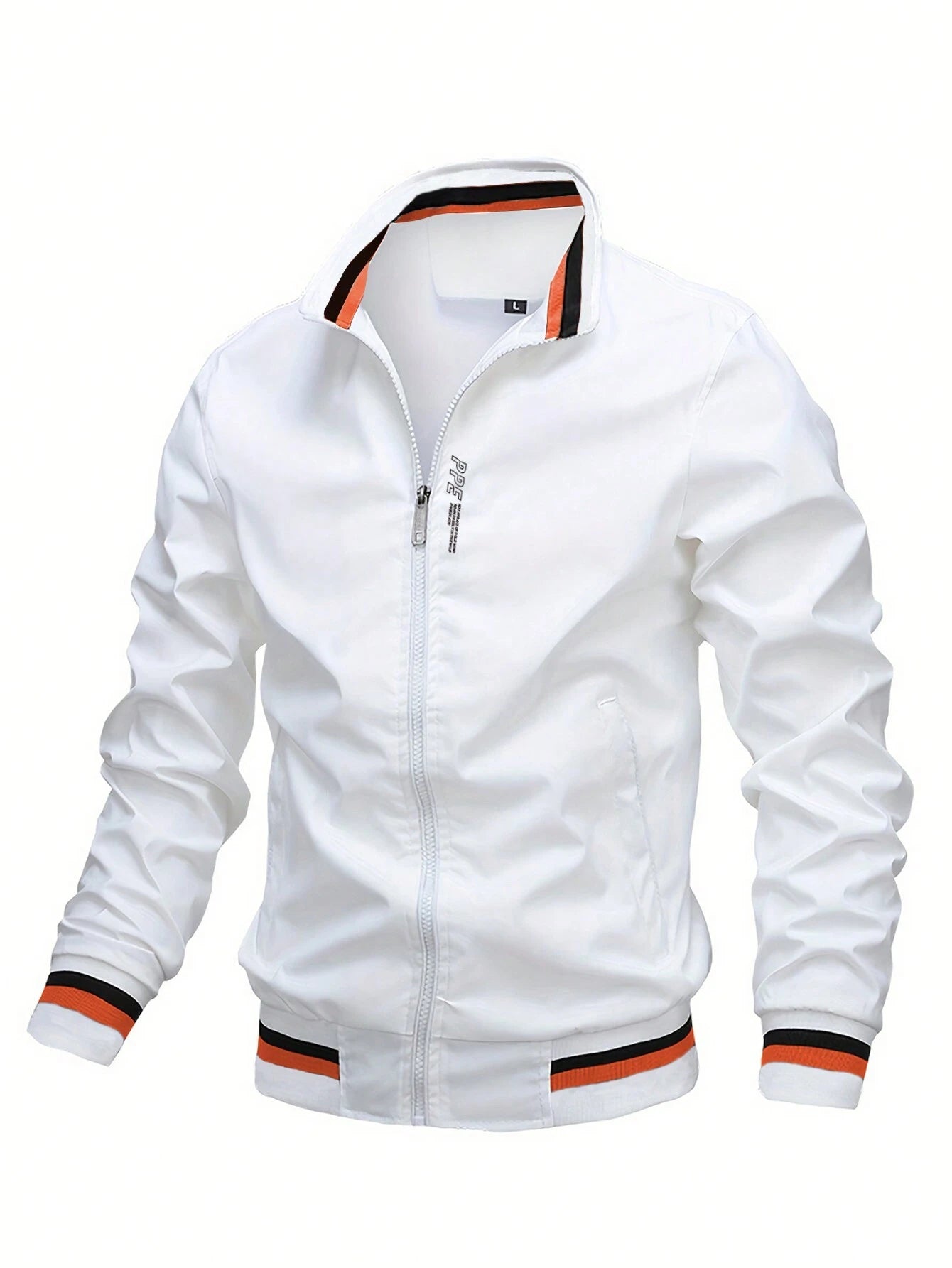 Stylish Men's Striped Trim Zip-Up Jacket with Letter Graphic