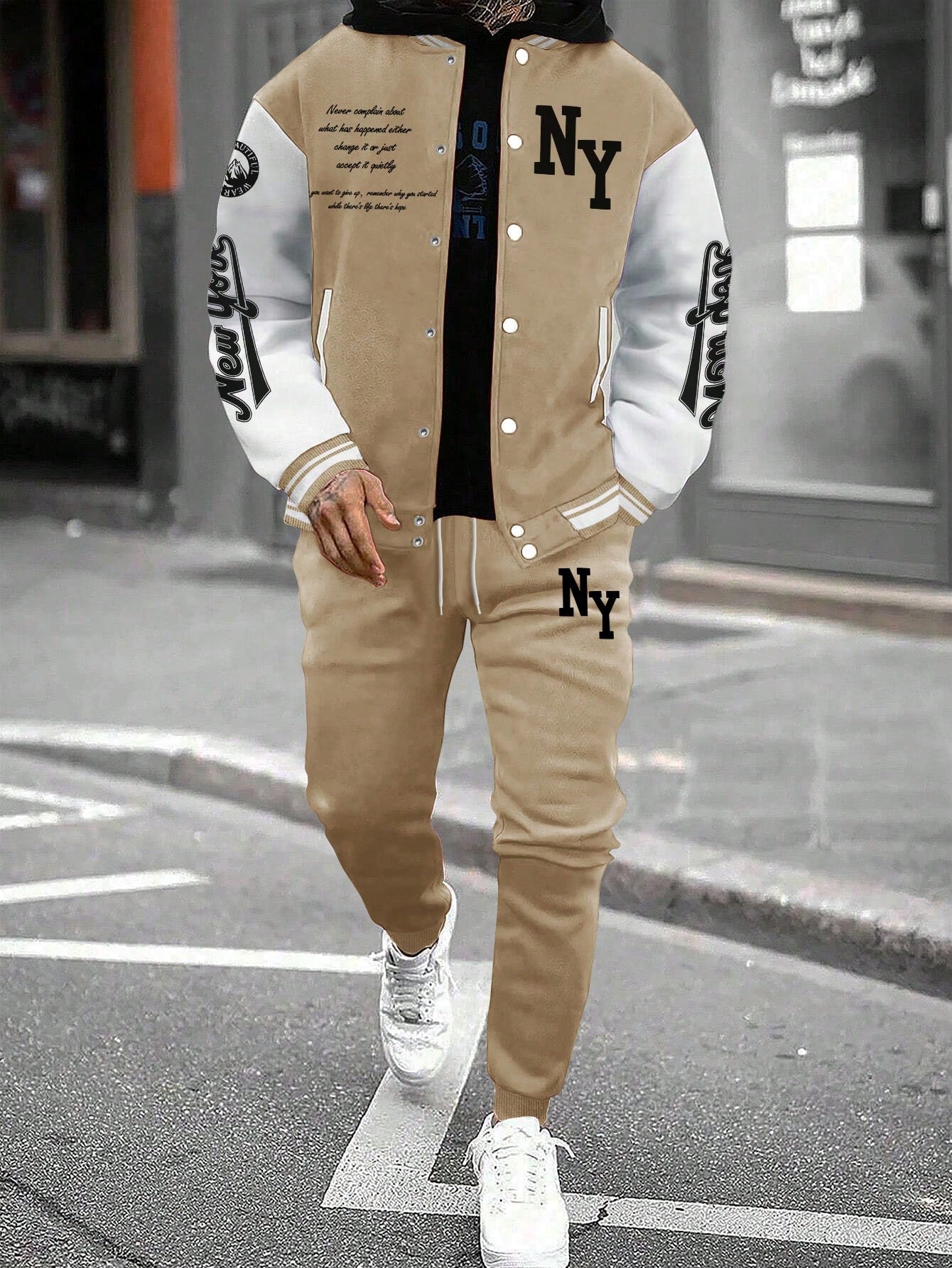 Stylish Manfinity Homme Men's Color Block Striped Baseball Jacket & Sports Pants Set