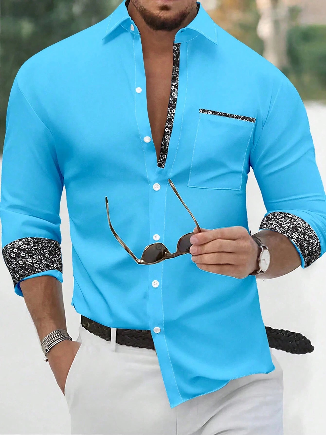 Stylish Orange Patchwork Long Sleeve Shirt for Men - Perfect for Casual Fashion